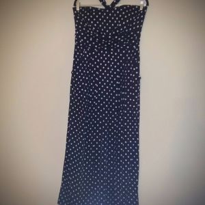 STRAPLESS MAXI DRESS NAVY BLUE w/ WHITE POLKA DOTS